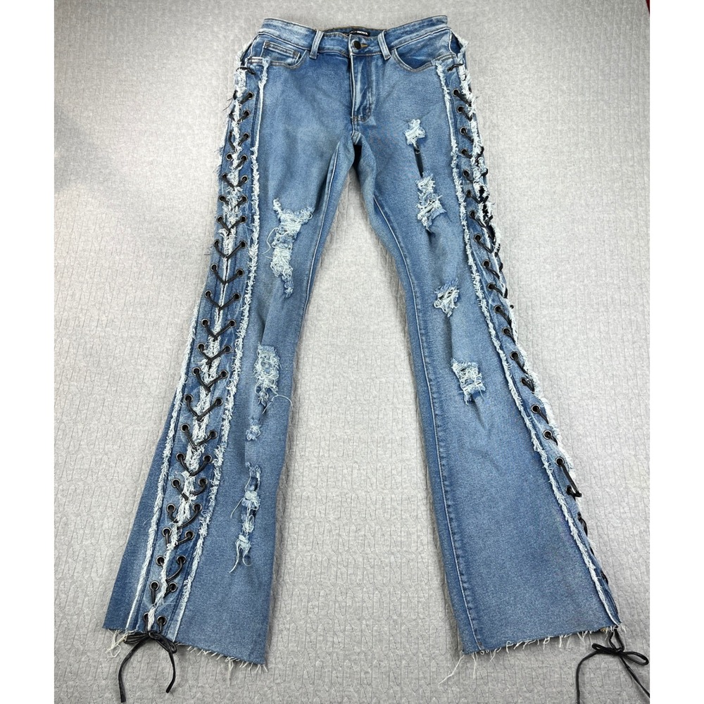 Fashion Nova Bootcut Jeans Women 9/27X34 high-rise Blue Lace Up Distressed Disco